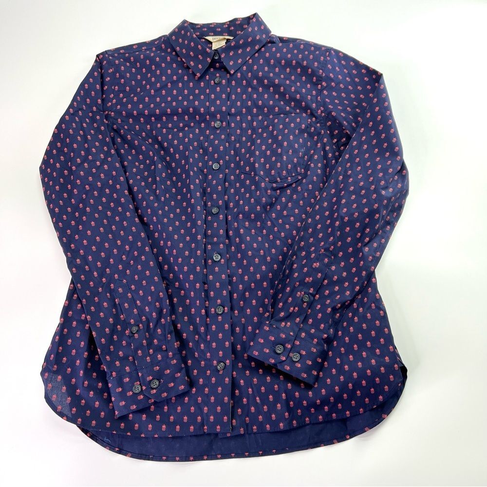 Duluth Trading Pineapple Print Wrinklefighter Button Up Shirt Small Blue NEW